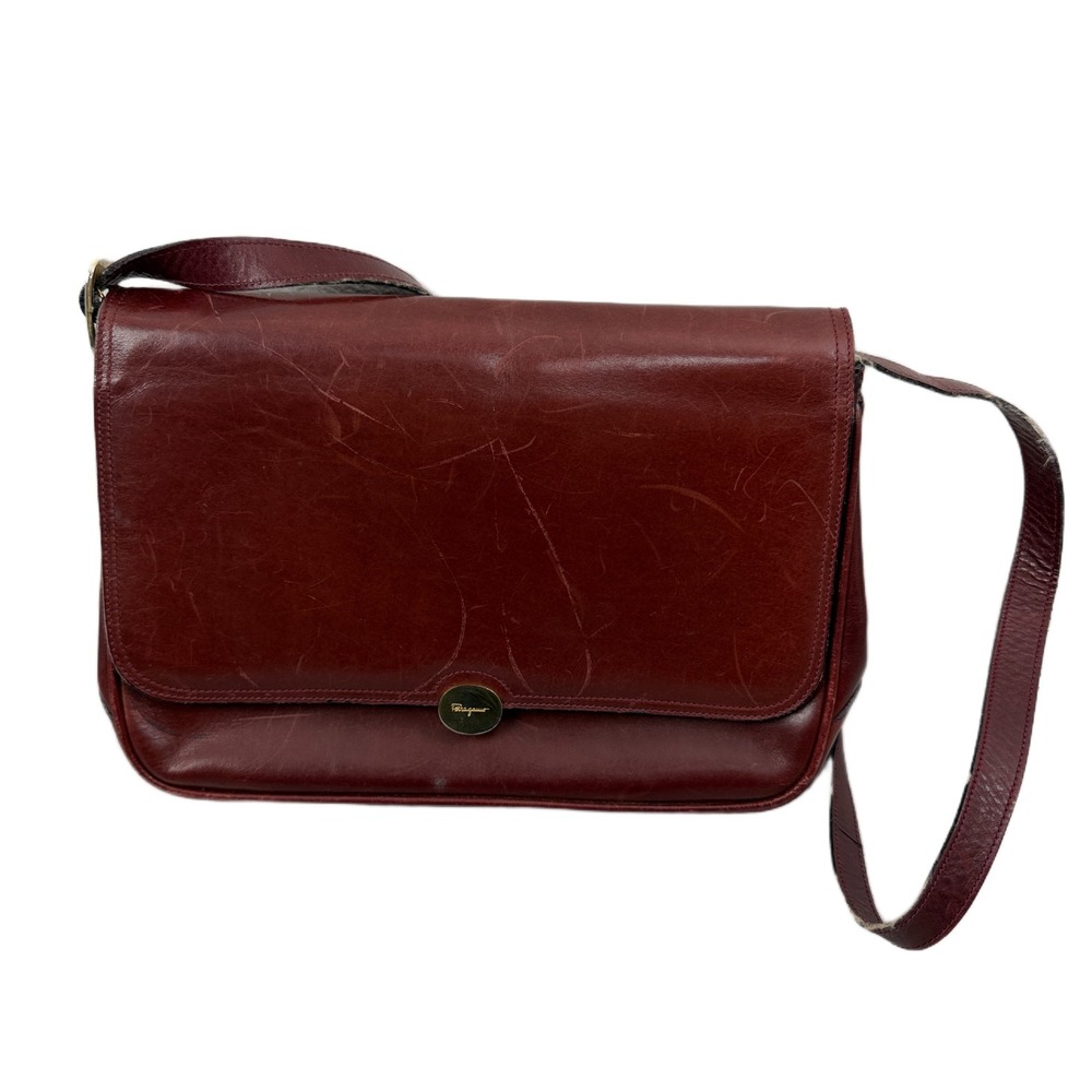 Vtg Ferragamo Leather Shoulder Bag Purse Burgundy Gold Smooth Italy 11x8